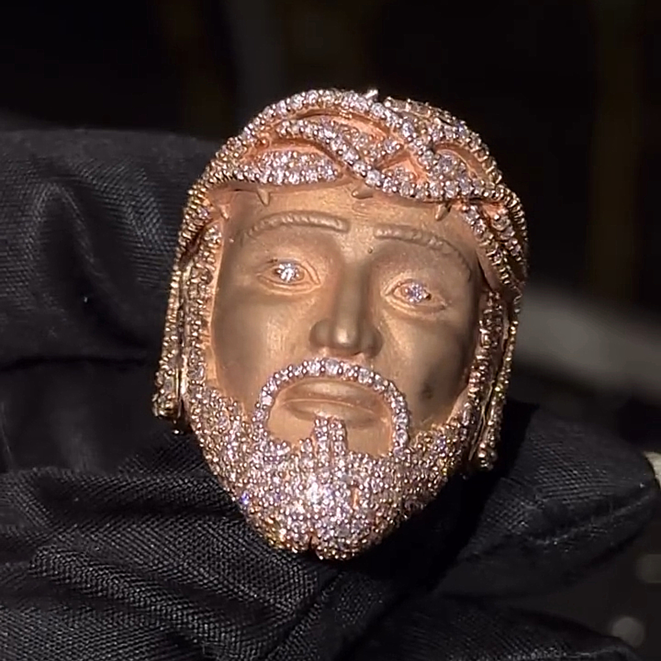 rose gold Jesus Piece ring front view luxury hip hop jewelry