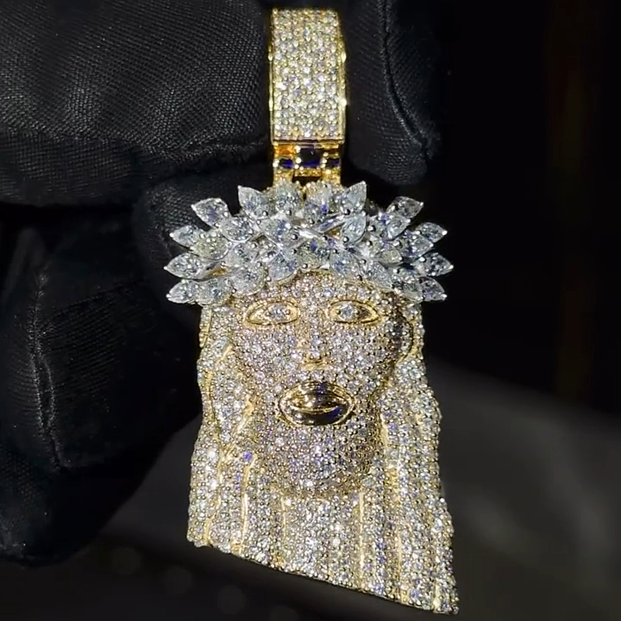 pear shape stone crown cluster Jesus pendant close up premium craftsmanship detailing