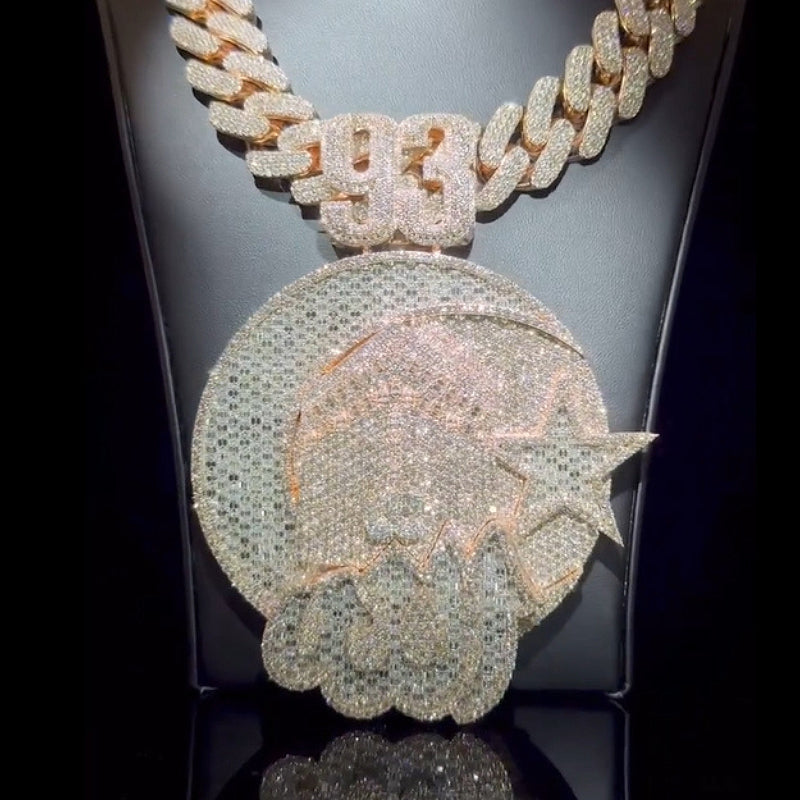 93 star bling pendant shining in urban street style outfit, hip hop jewelry for bold look