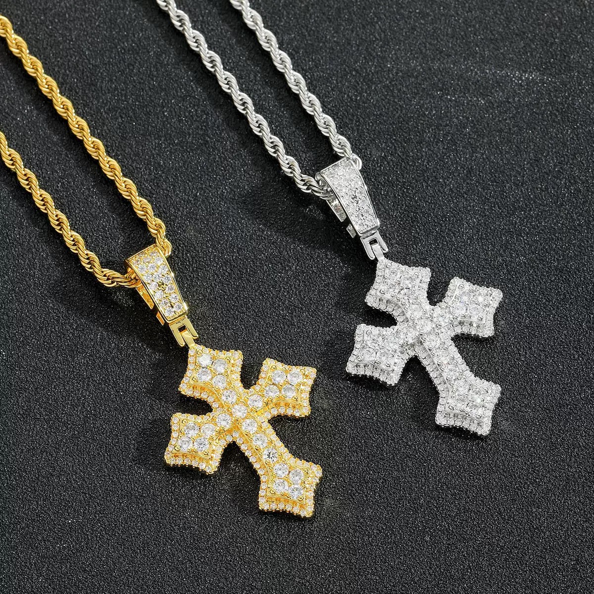geometric cross pendant tennis chain set full jewelry outfit display luxury style
