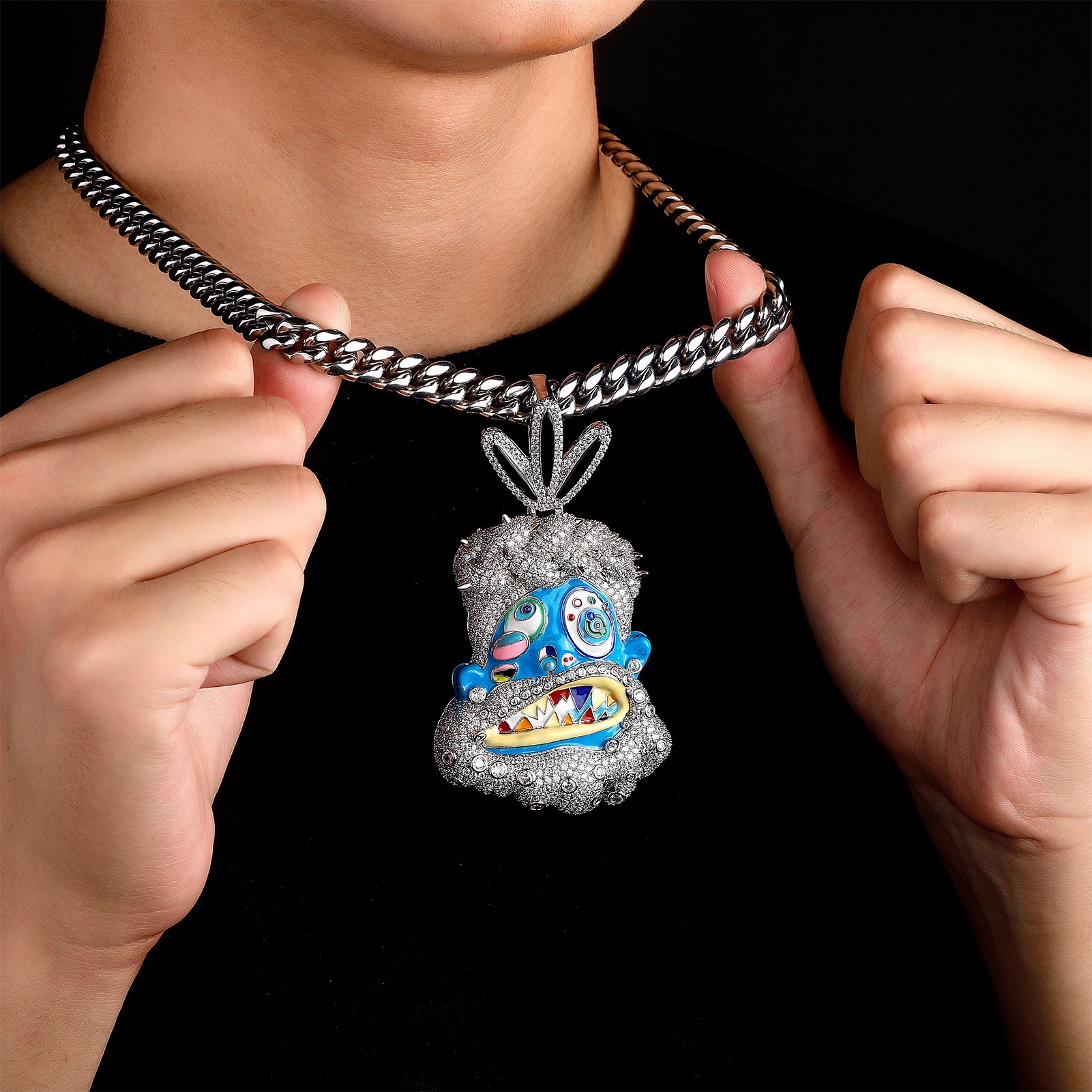 model wearing white gold color enamel face pendant streetwear fashion jewelry style
