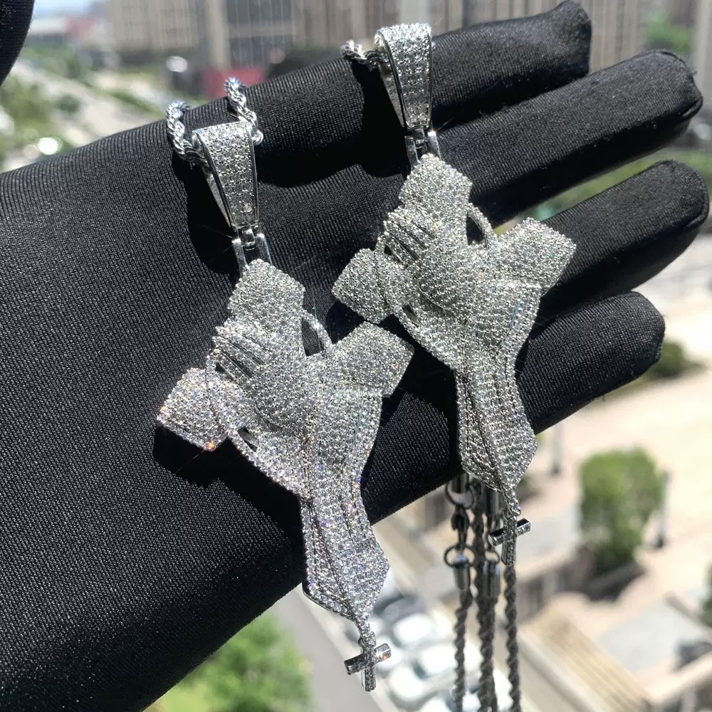 praying hands cross pendant front view luxury streetwear jewelry design