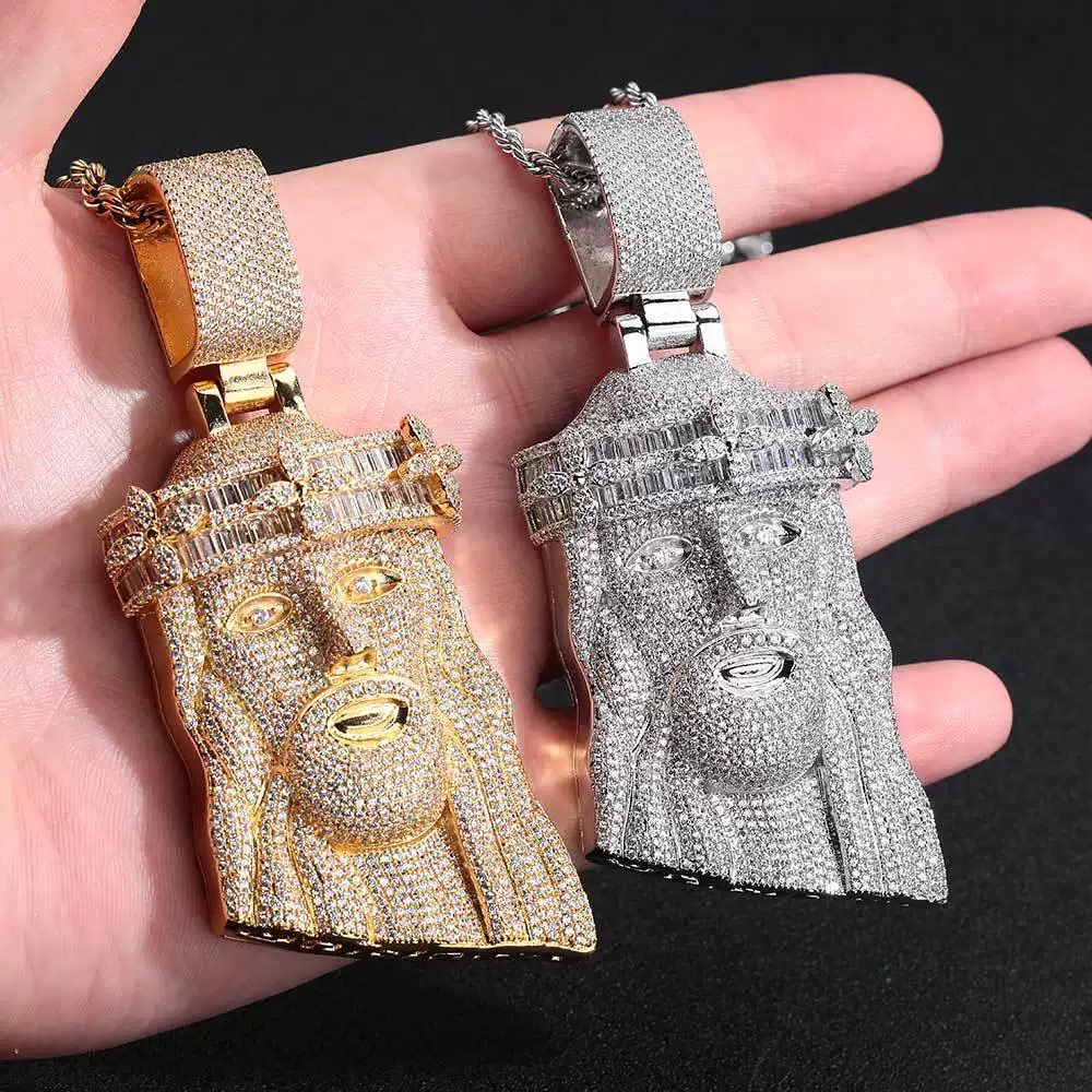 T shape baguette clover Jesus pendant front view luxury streetwear jewelry
