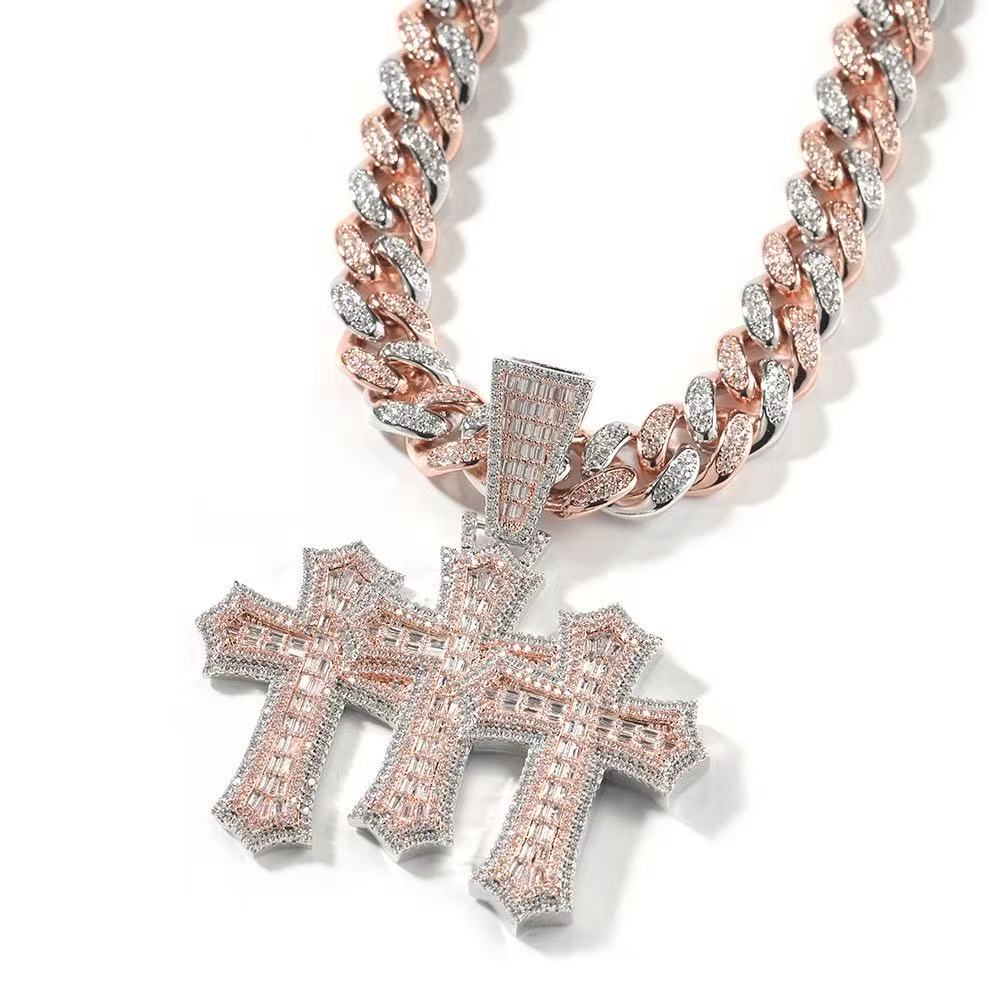 white gold and gold 12mm triple cross pendant front view iced out hip hop jewelry