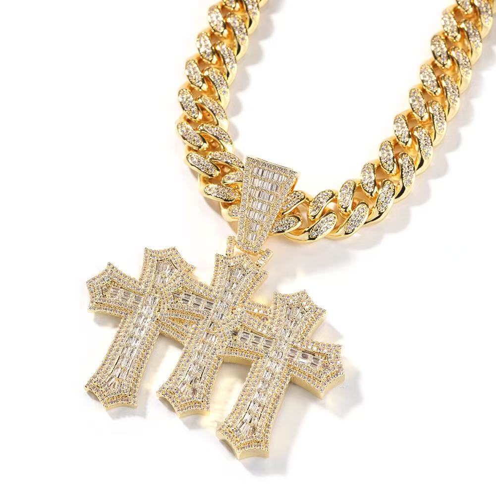 gold 12mm triple cross pendant front view iced out hip hop jewelry
