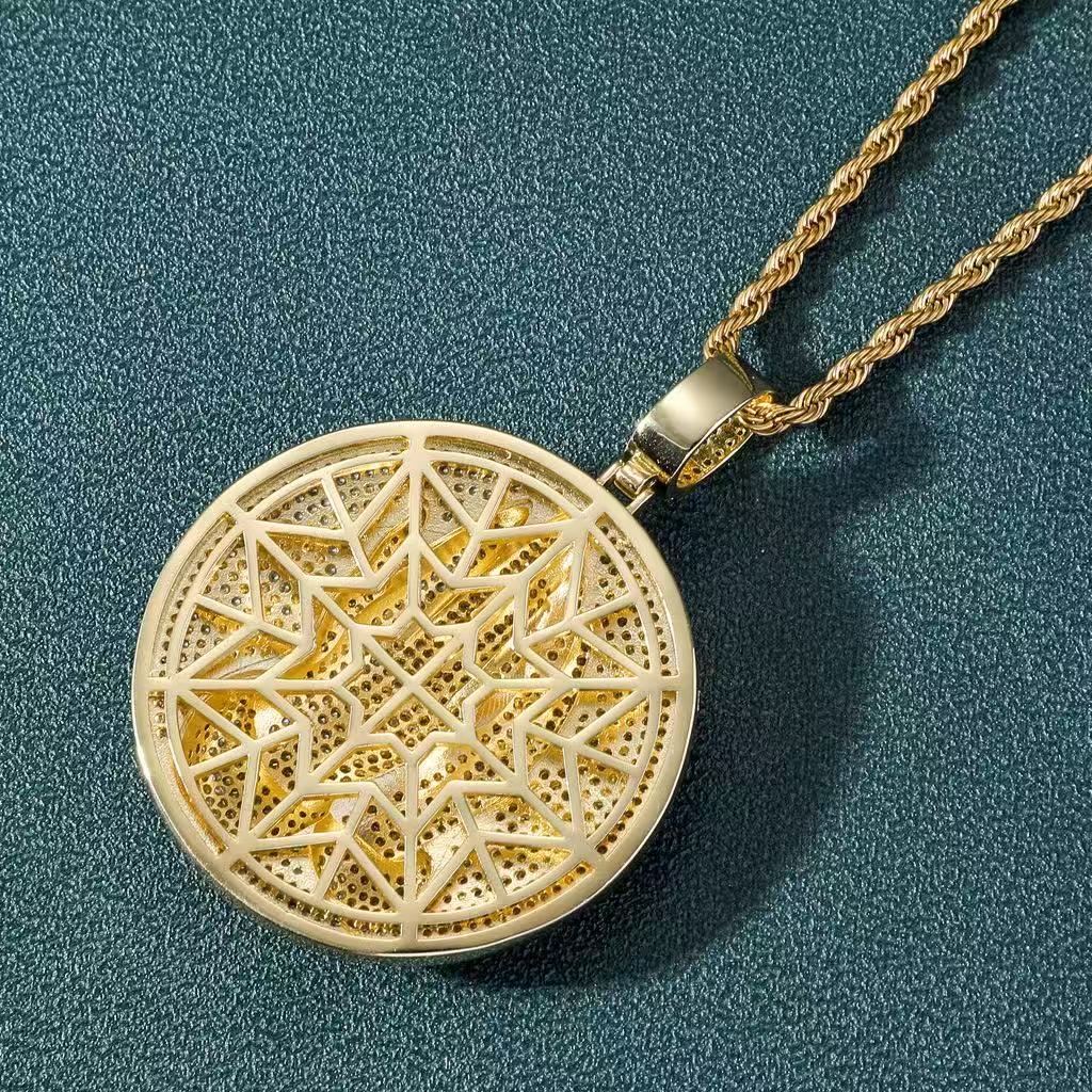 praying hands disc pendant back view metal craftsmanship detail luxury finish
