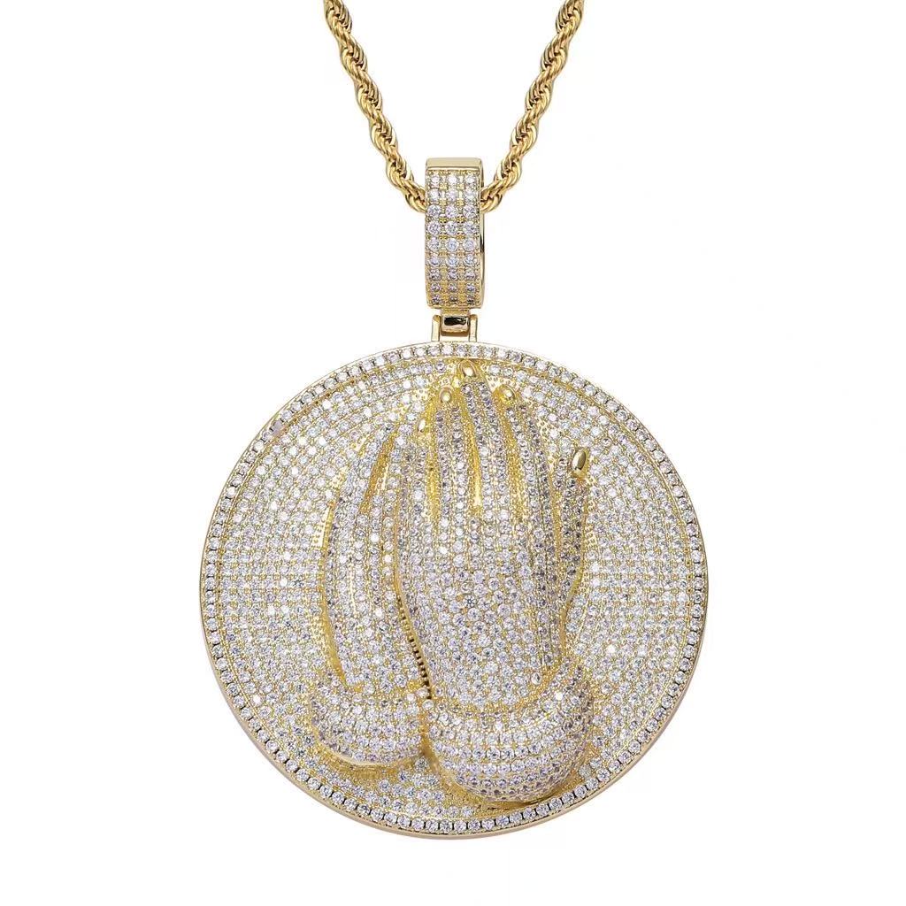 3D praying hands disc pendant front view luxury streetwear jewelry
