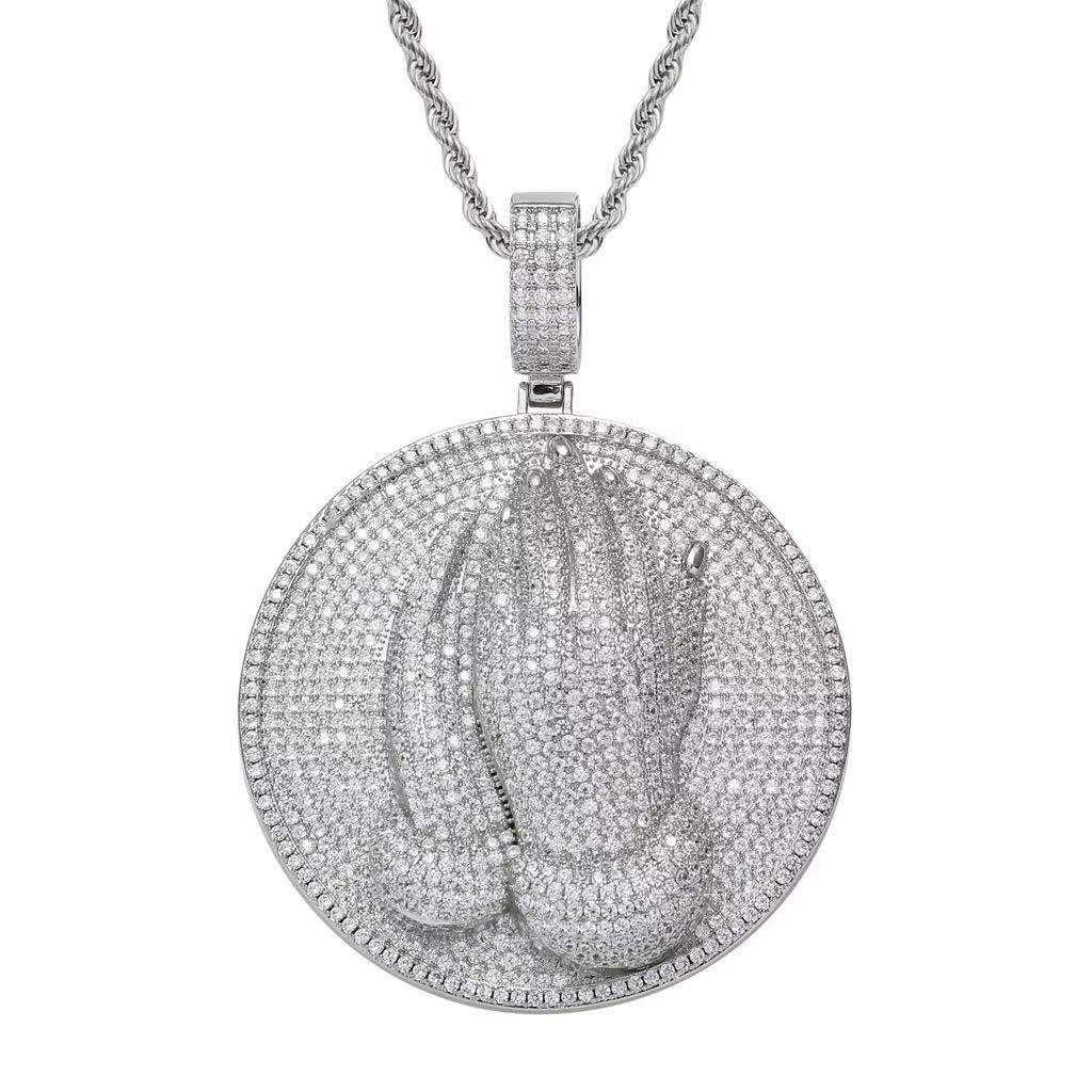 3D praying hands disc pendant front view luxury streetwear jewelry