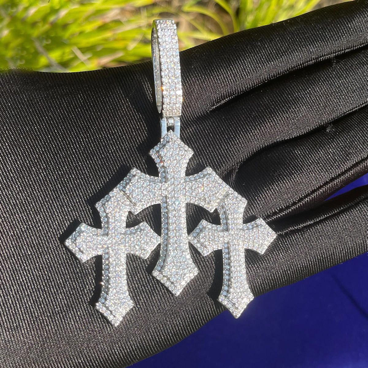 3D triple ornamental cross pendant front view luxury streetwear jewelry