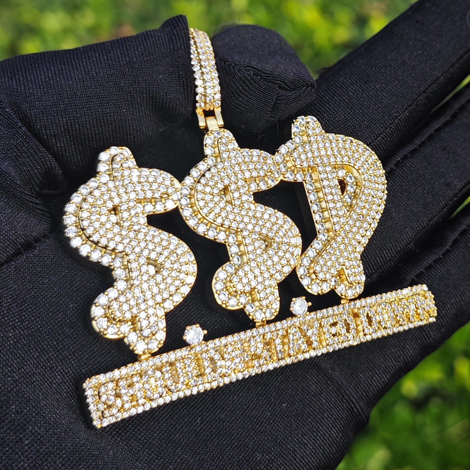 gold dollar sign SSD pendant front view luxury streetwear jewelry