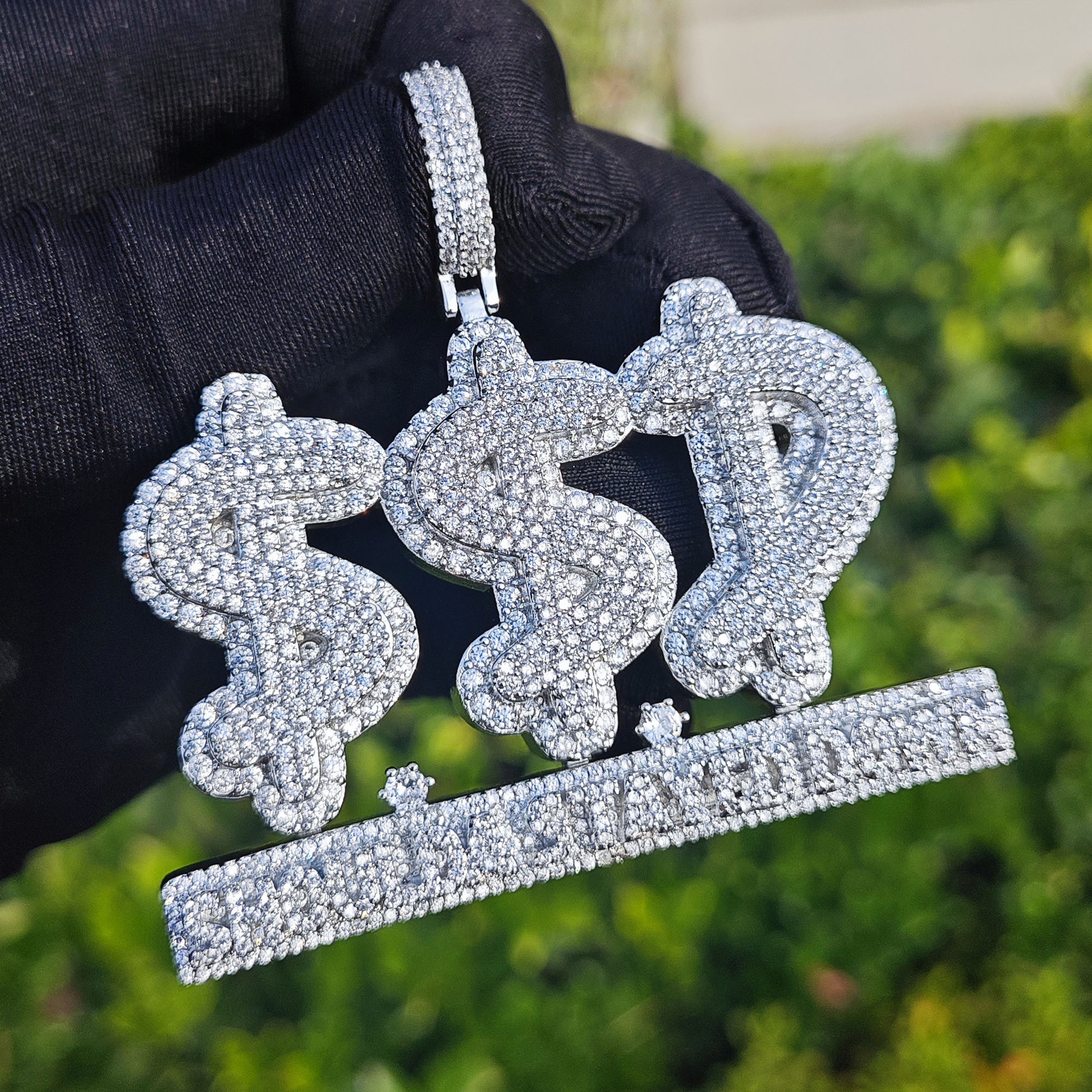 white gold dollar sign SSD pendant front view luxury streetwear jewelry