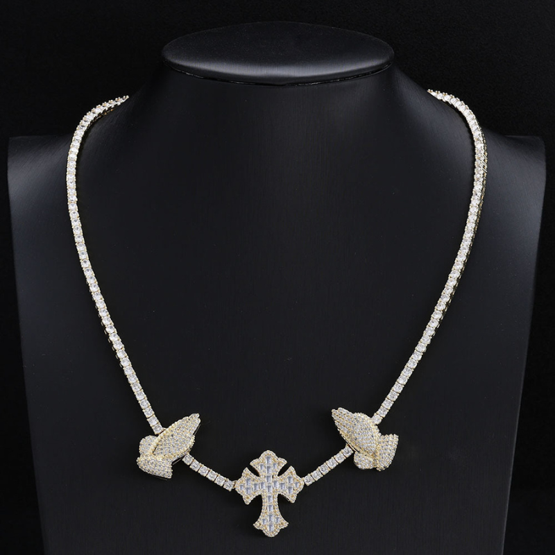 3.5mm Moissanite Cross Praying Hands Tennis Chain