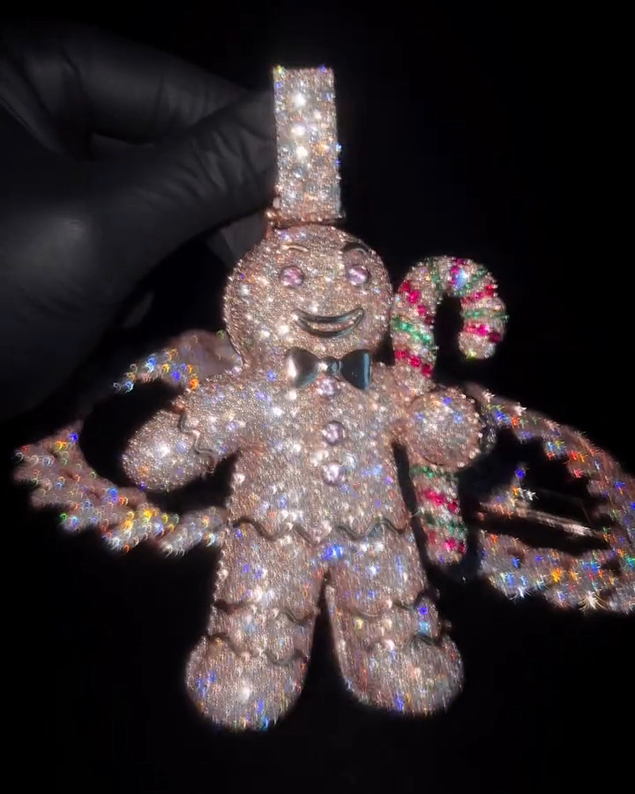 Moissanite Gingerbread Man Candy Cane Pendant