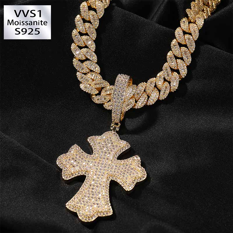 Moissanite 10mm Cuban Chain Cross Pendant Set