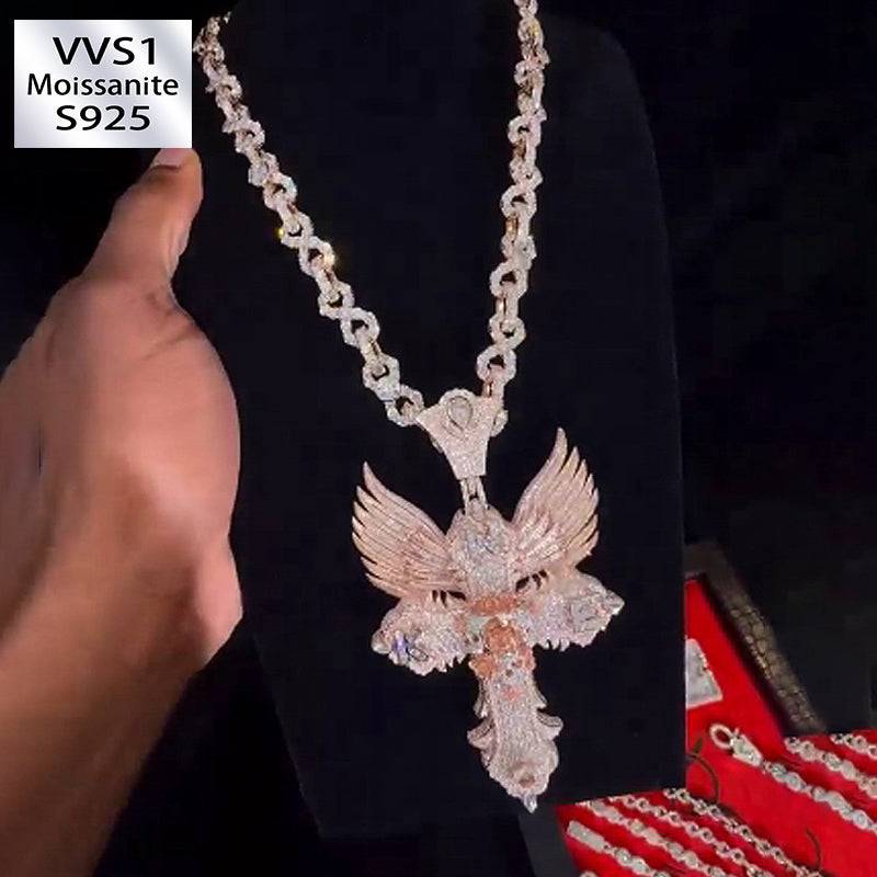 Moissanite Delicate Winged Cross Pendant Chain Set