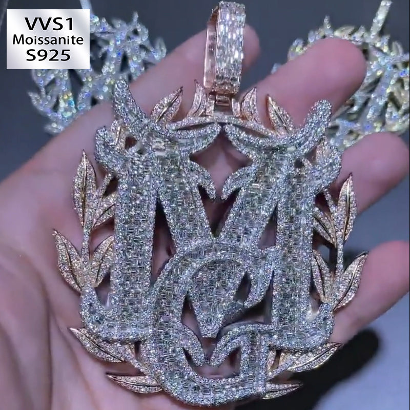 Moissanite Leaves Surround the Letter MG Pendant