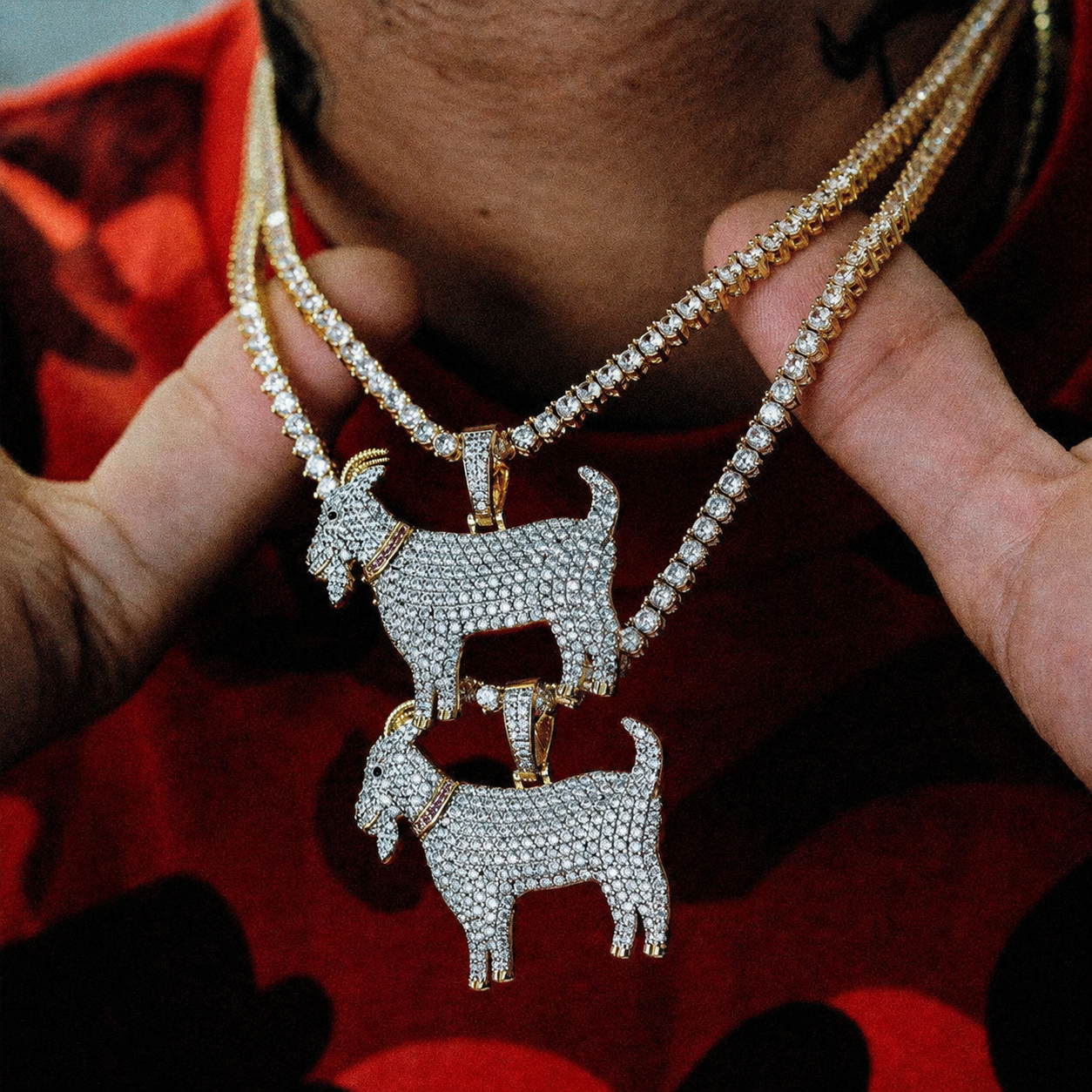 model wearing goat pendant luxury streetwear fashion jewelry style