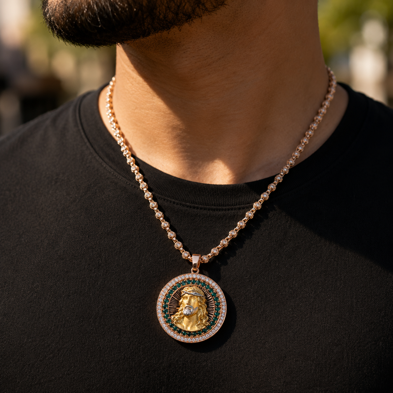 Iced out gold Jesus thorn crown pendant with CZ stones on black satin
