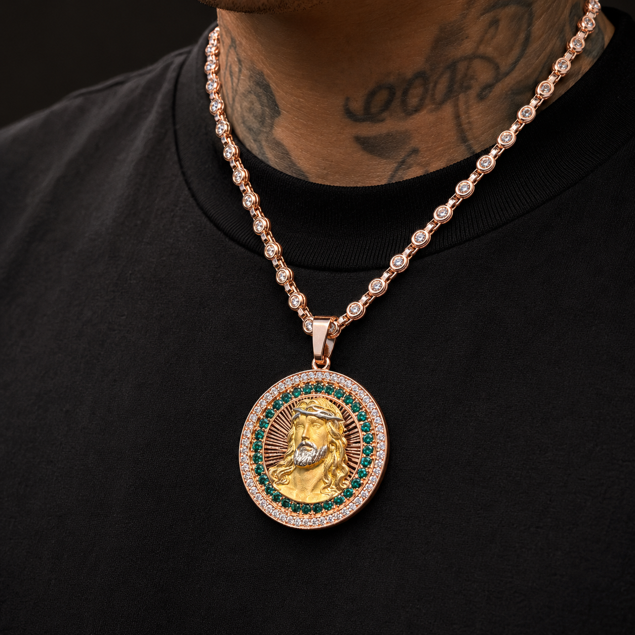 Luxury hip hop Jesus pendant displayed on black satin fabric