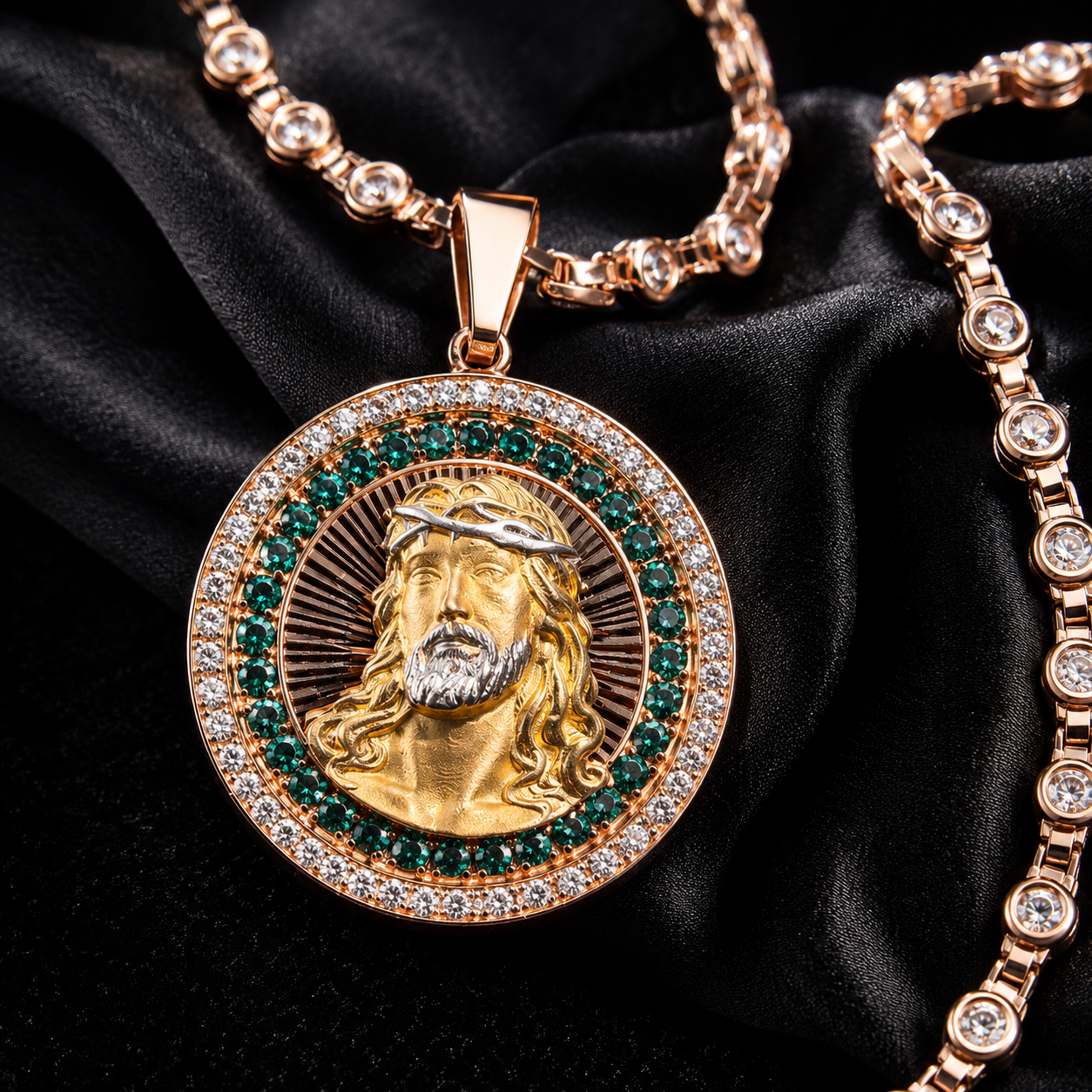 Close-up of gold Jesus face pendant with iced out thorn crown and stones