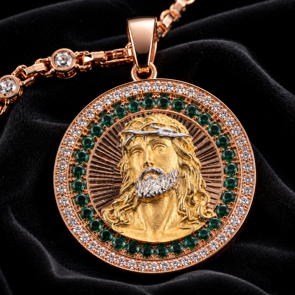 Iced out gold Jesus thorn crown pendant with CZ stones on black satin