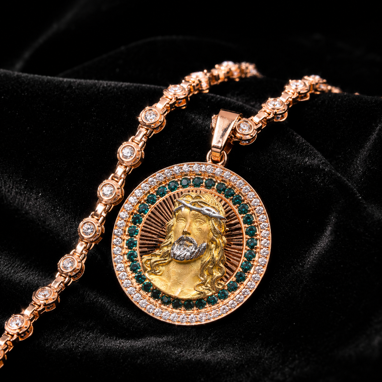 Hip hop gold Jesus face pendant with stone details
