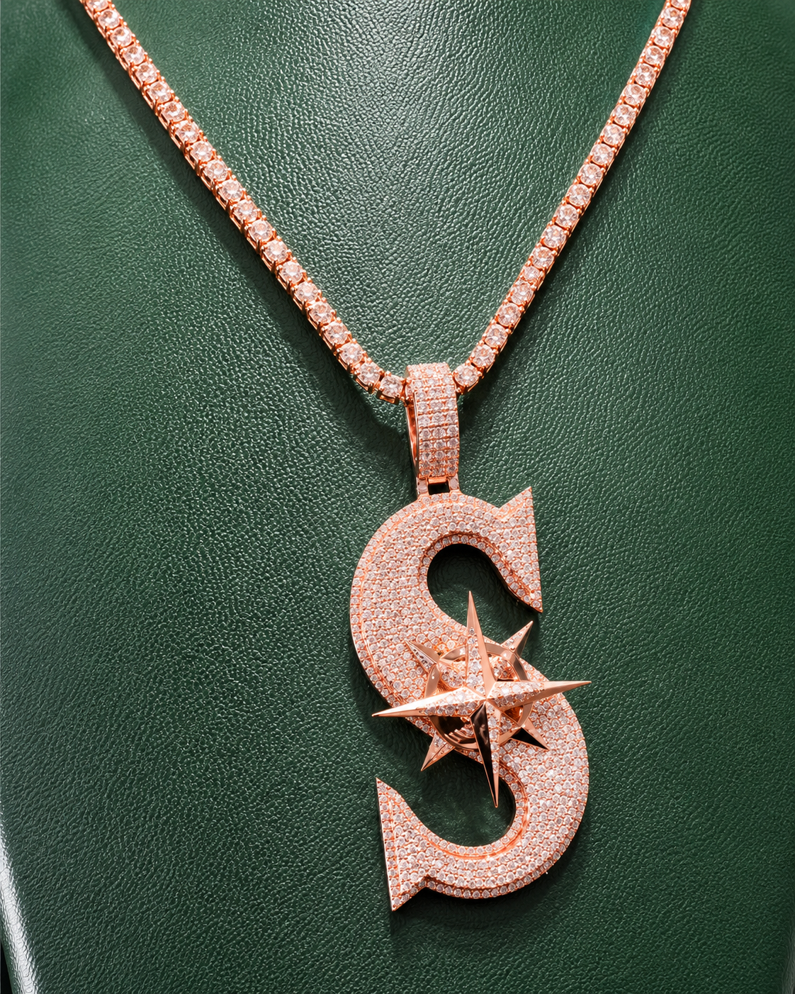 Hip hop rose gold letter S pendant with 5A CZ stones and 3D star compass detail