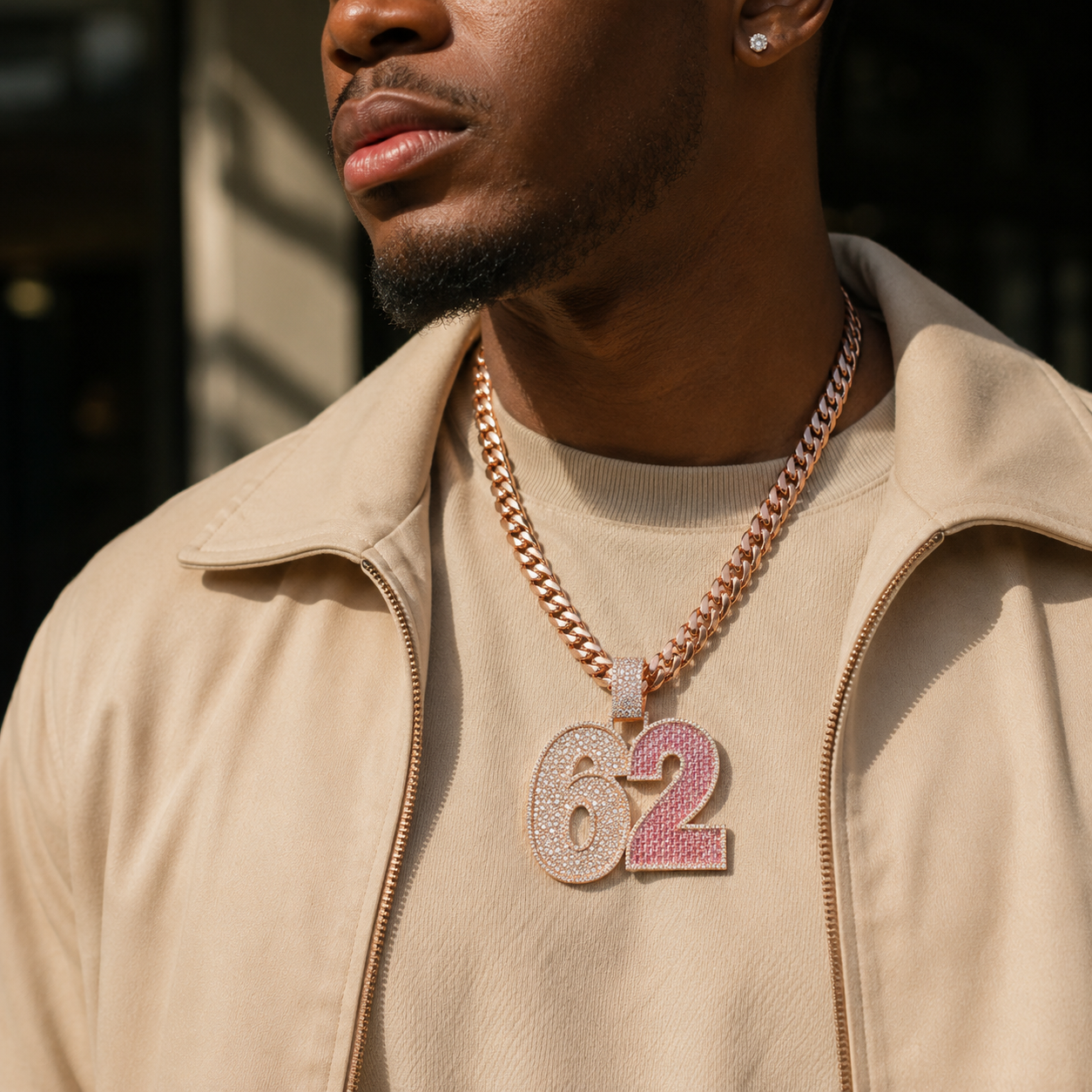 Men’s rose gold 62 pendant necklace with pink stones