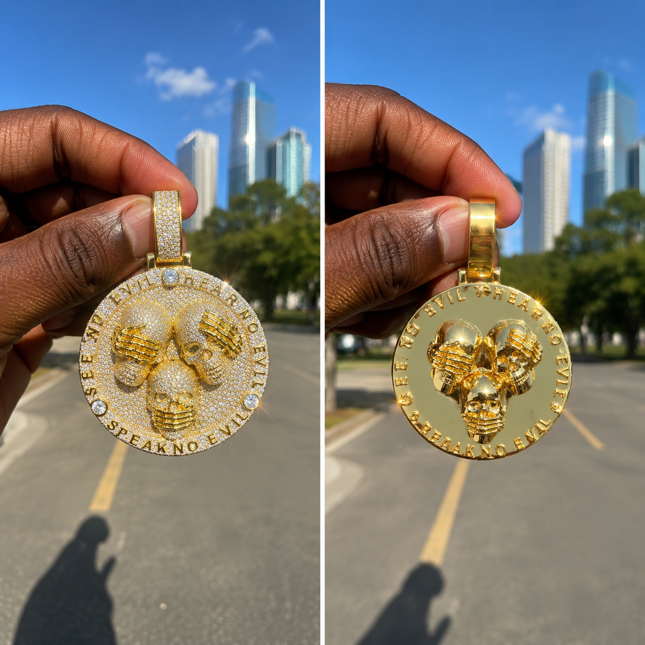 Three Wise Skulls Pendant Hip Hop Statement Jewelry