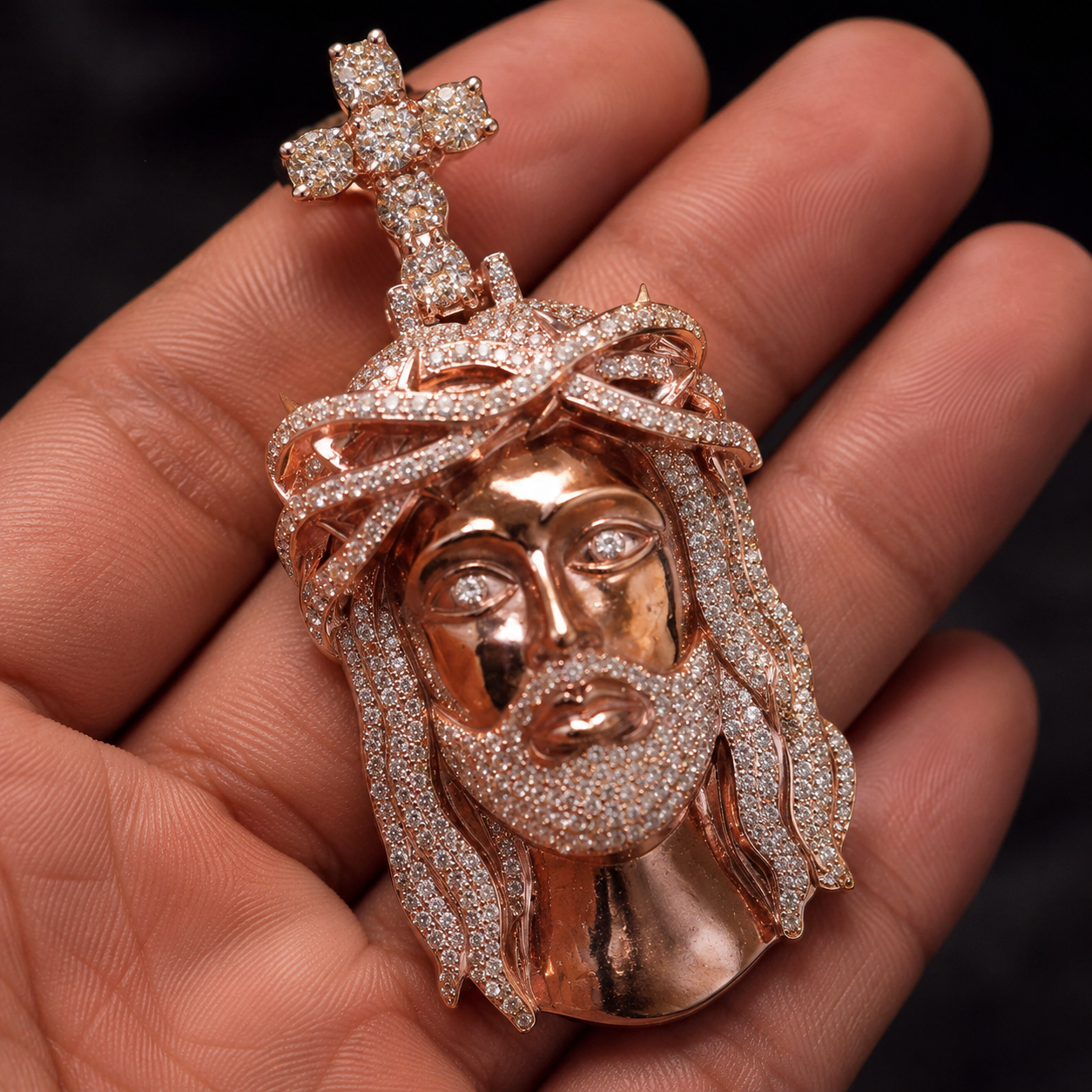 Rose gold hip hop Jesus pendant with diamond-like CZ shine