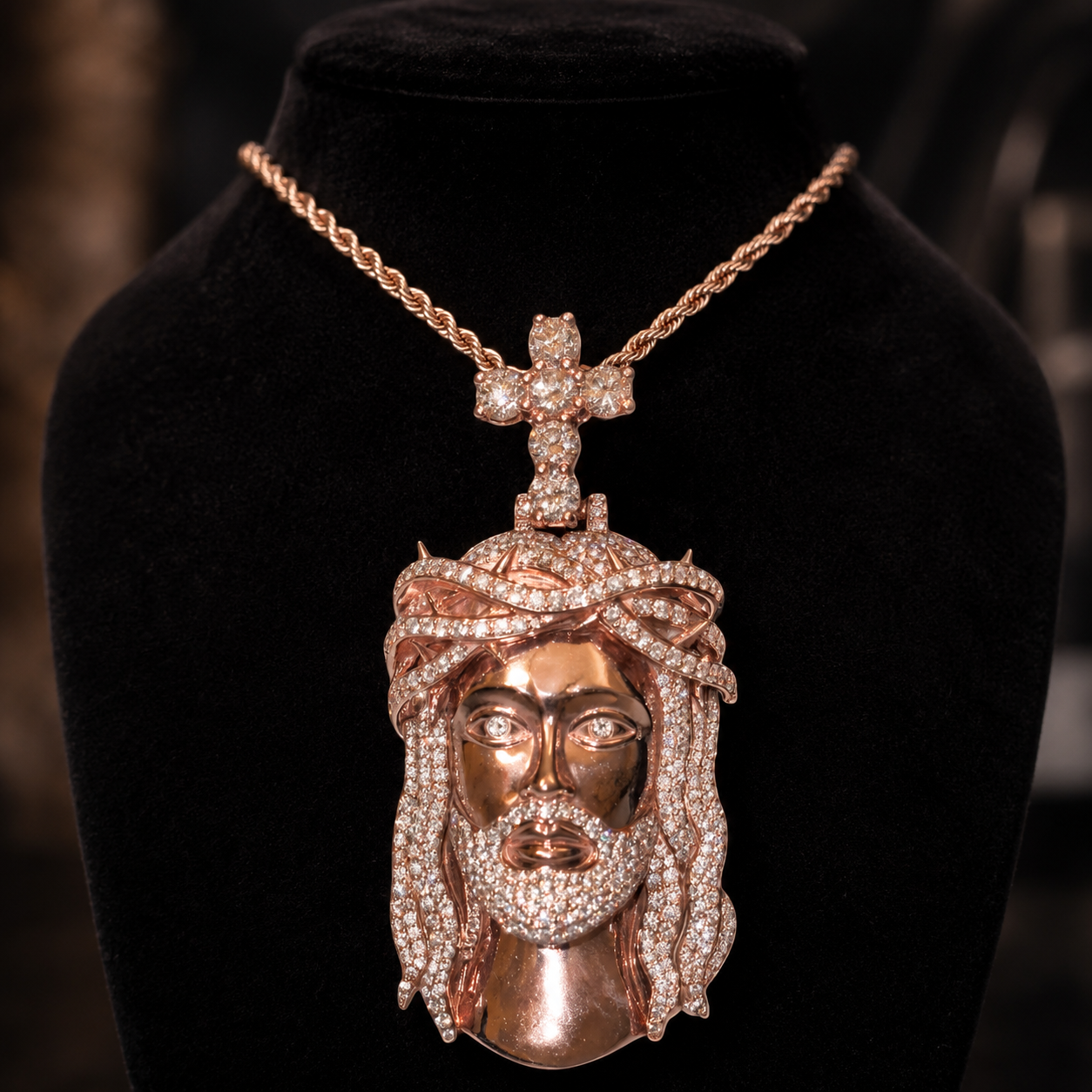 Jesus face pendant with pavé CZ stones on black velvet display