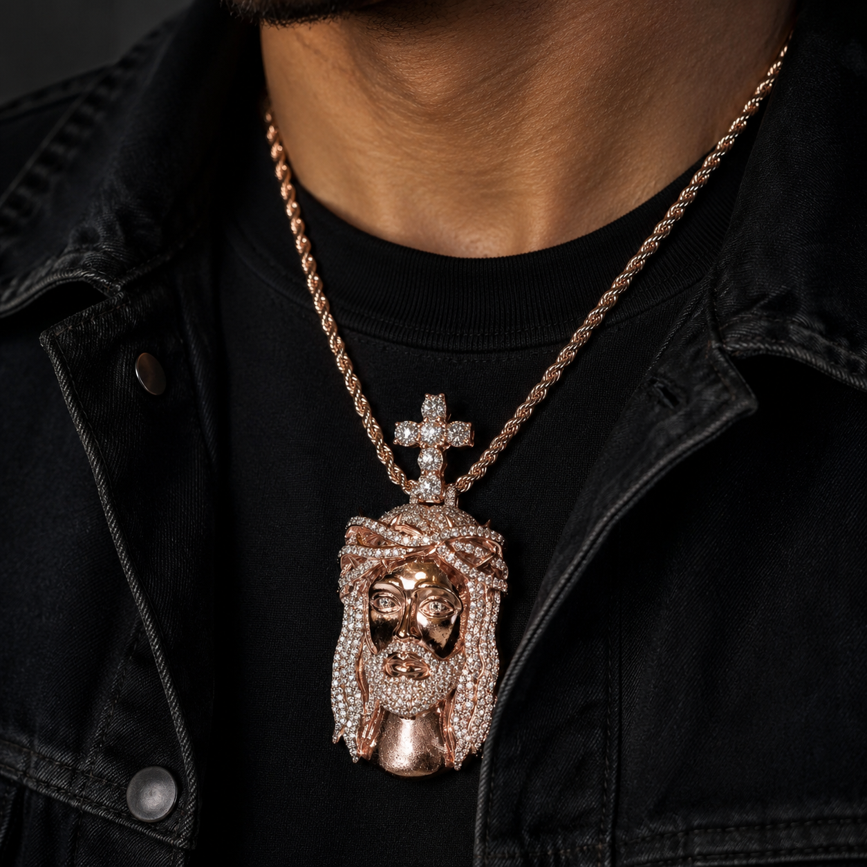 Hip hop Jesus piece with polished rose gold face and iced-out beard