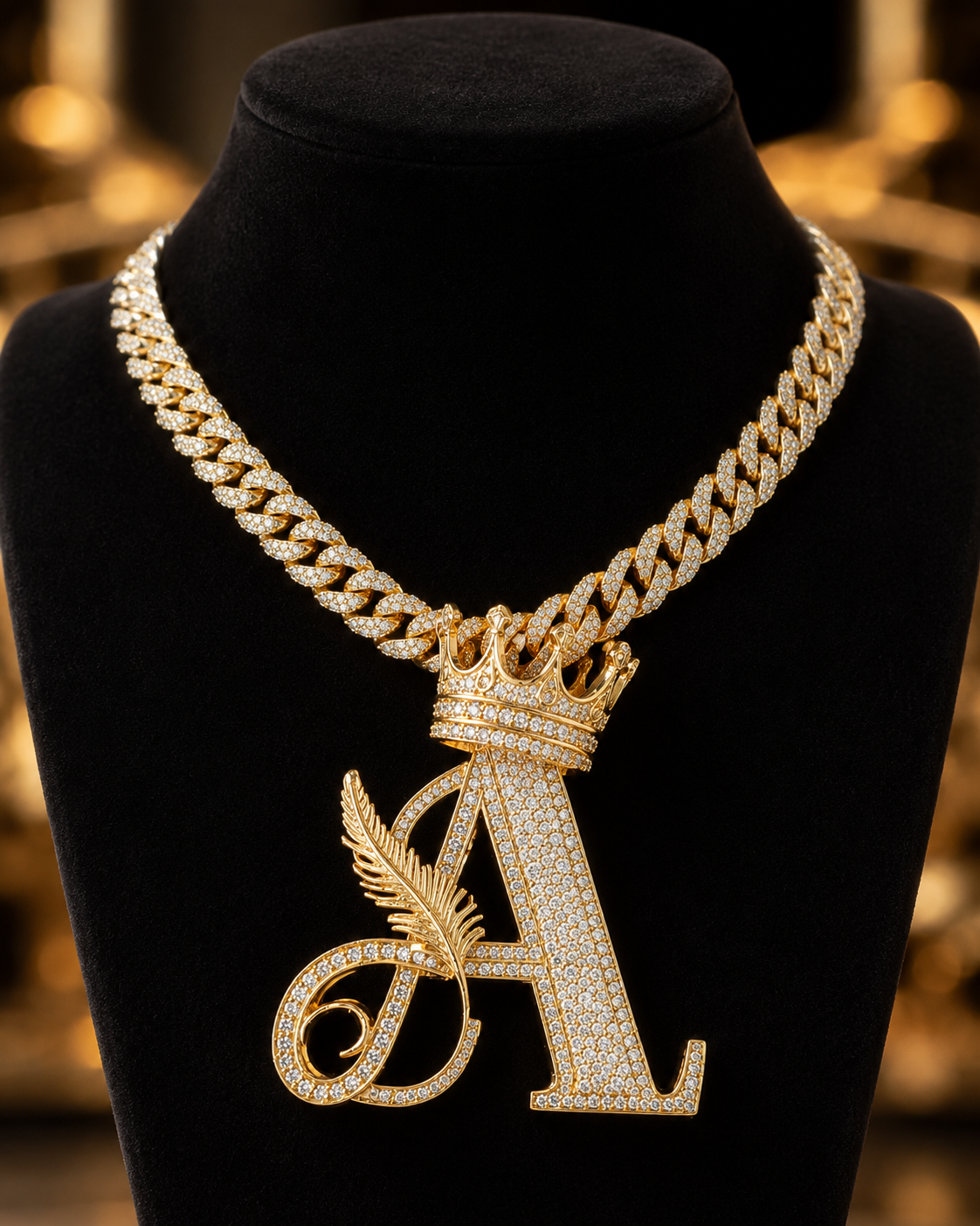 Men’s hip hop style wearing gold Cuban chain with Letter A crown pendant