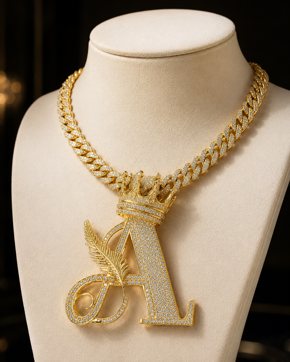 Men’s hip hop style wearing gold Cuban chain with Letter A crown pendant