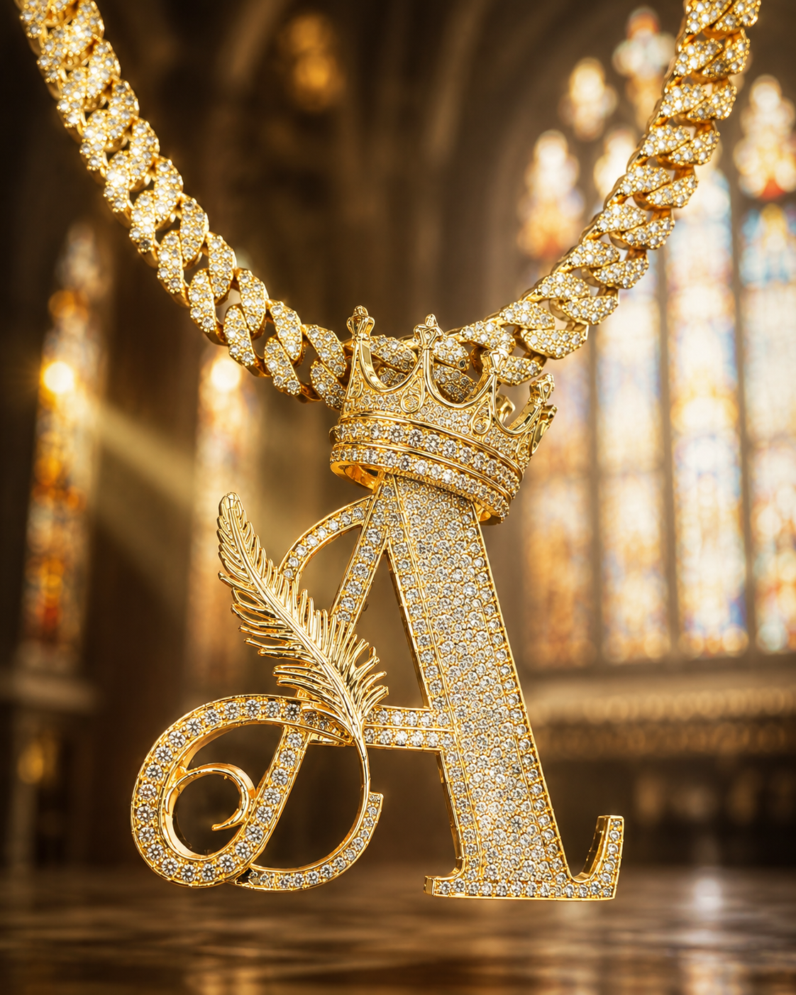 Floating iced-out Letter A crown pendant in blurred church stained glass background