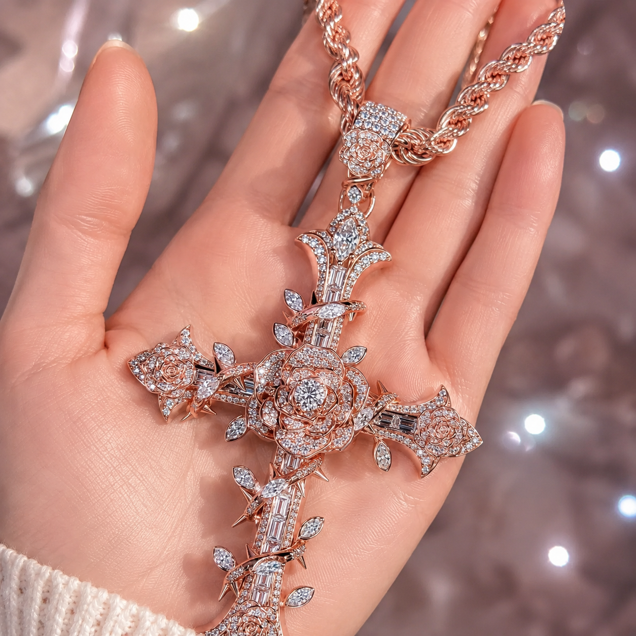 Iced Out Rose Thorn Cross Pendant
