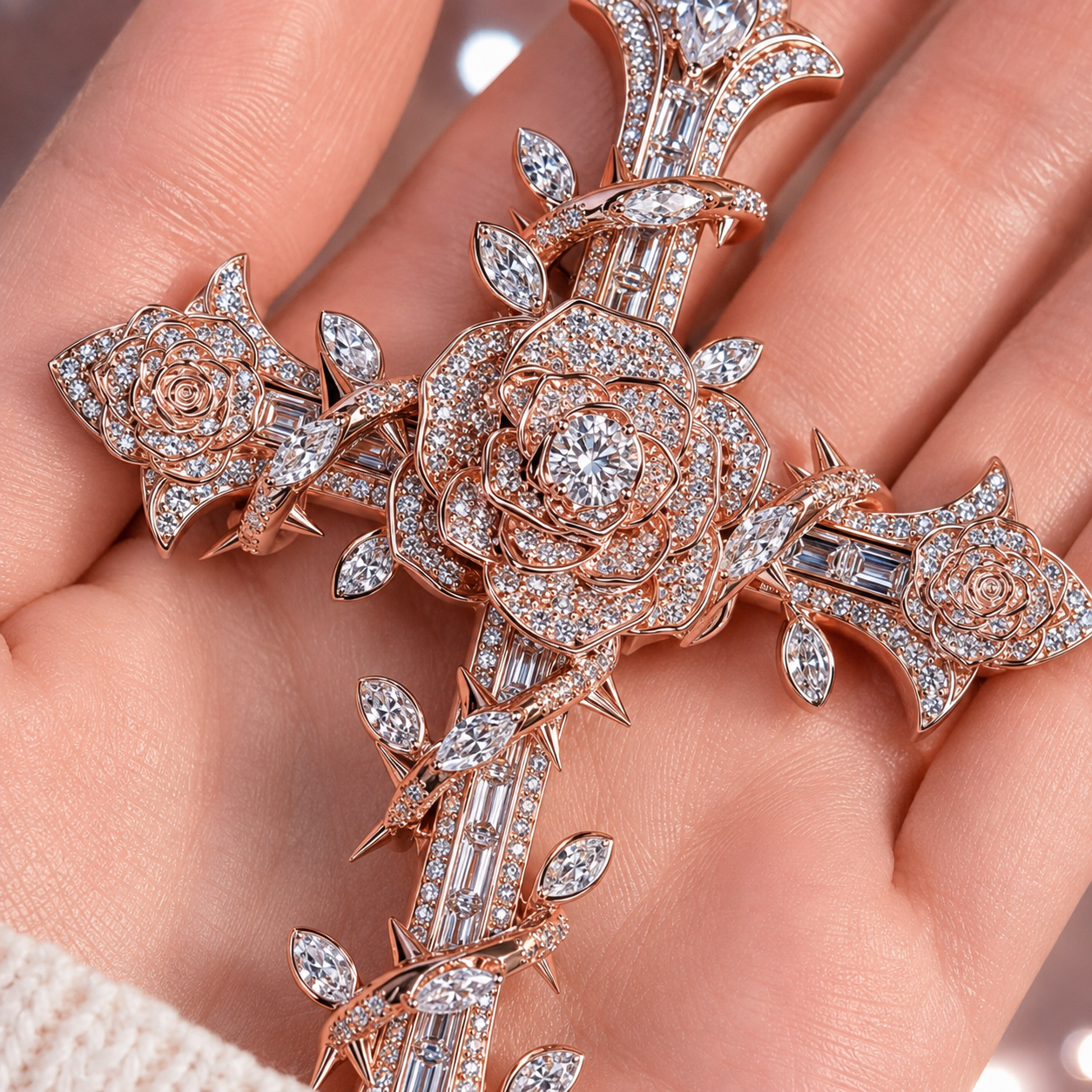 Iced Out Rose Thorn Cross Pendant