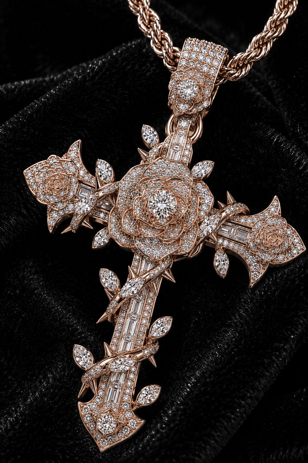 Iced Out Rose Thorn Cross Pendant