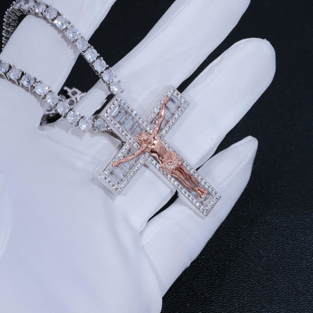 Iced Moissanite Diamond Jesus Cross Pendant Set