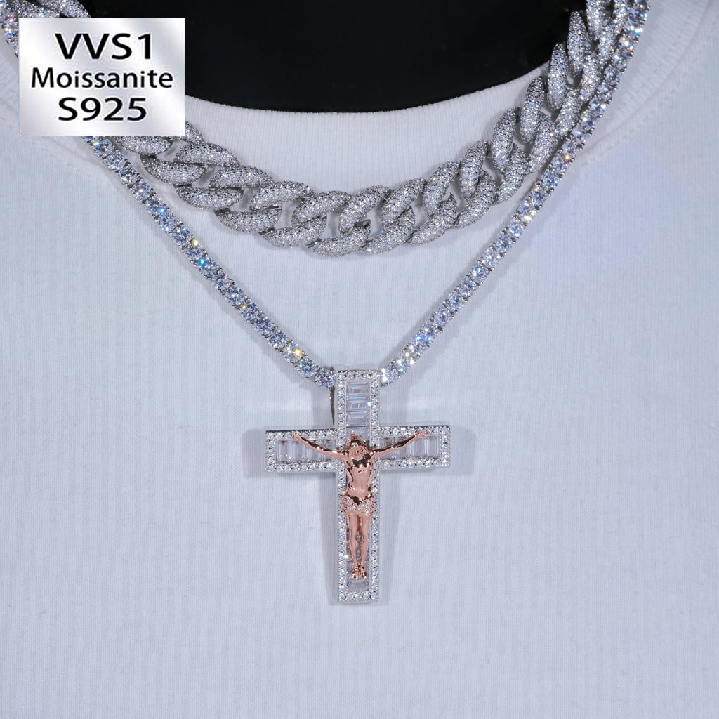Iced Moissanite Diamond Jesus Cross Pendant Set