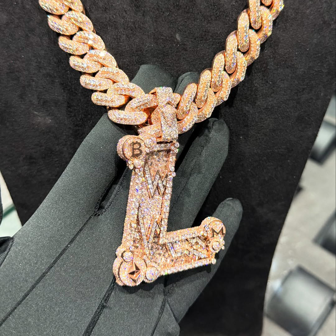 Iced Moissanite Letter L Diamond Pendant front view
