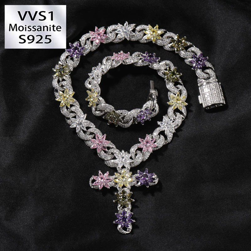 Rainbow Ice Cross Moissanite Cuban Chain