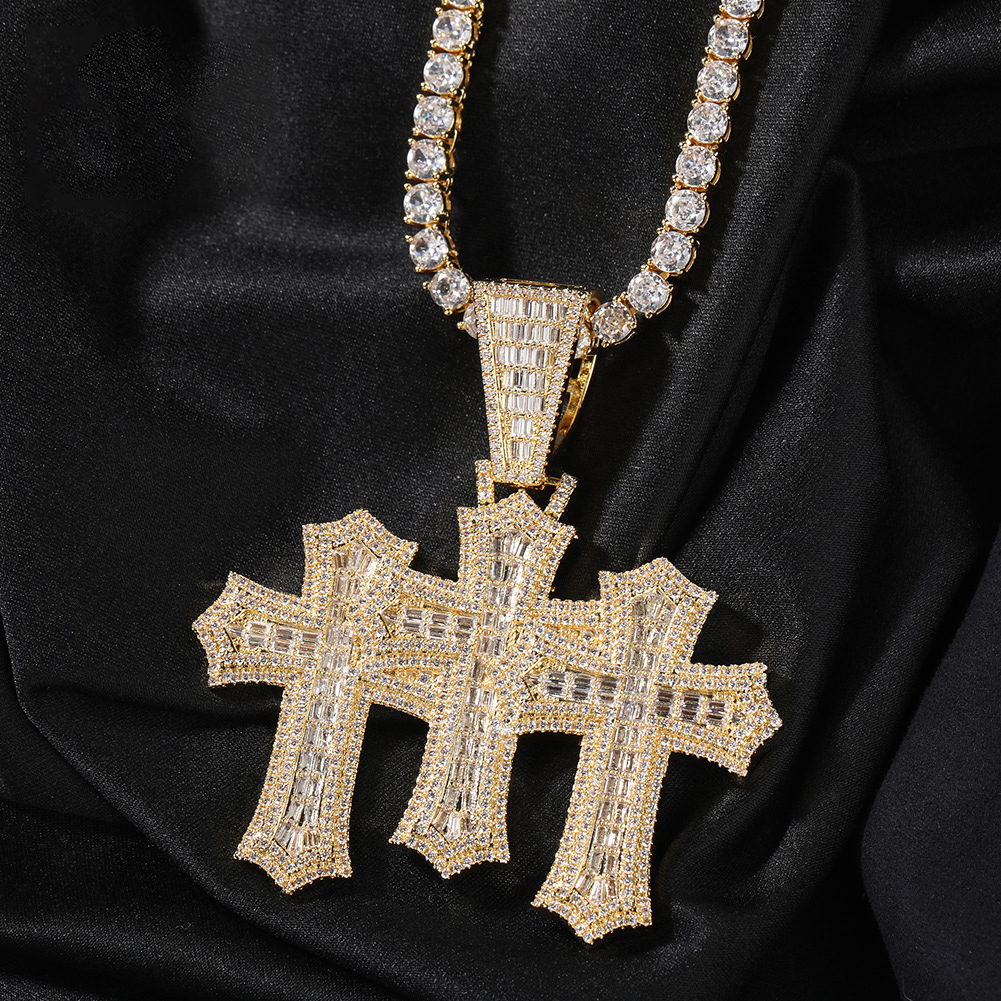 gold T-Square cross pendant iced jewelry