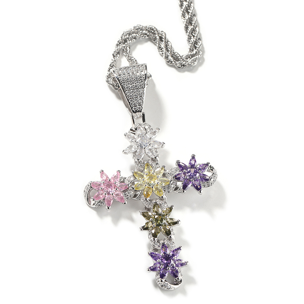 Rainbow Ice Cross Moissanite Pendant Chain Set