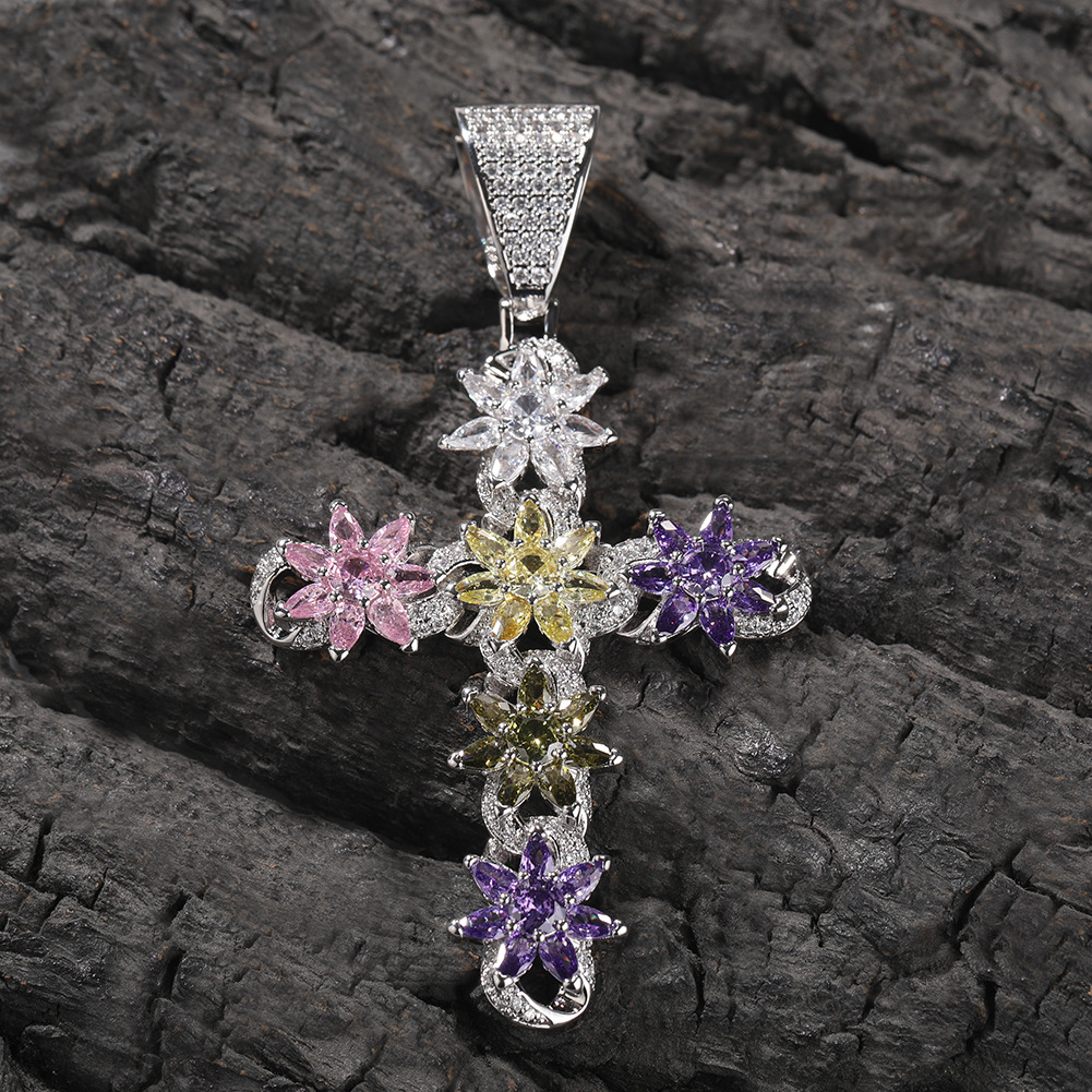 Rainbow Ice Cross Moissanite Pendant Chain Set