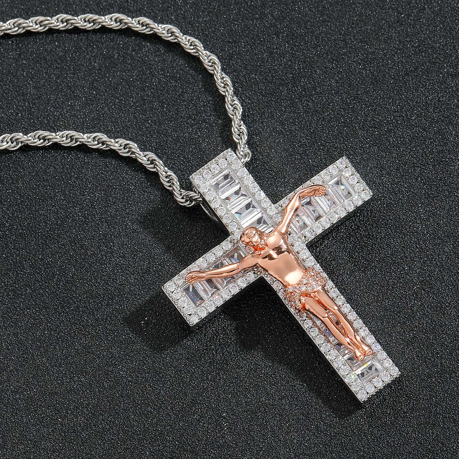 Iced Moissanite Diamond Jesus Cross Pendant Set