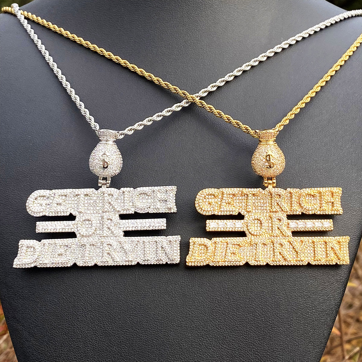 Iced Moissanite Letter ''Get Rich'' Diamond Pendant