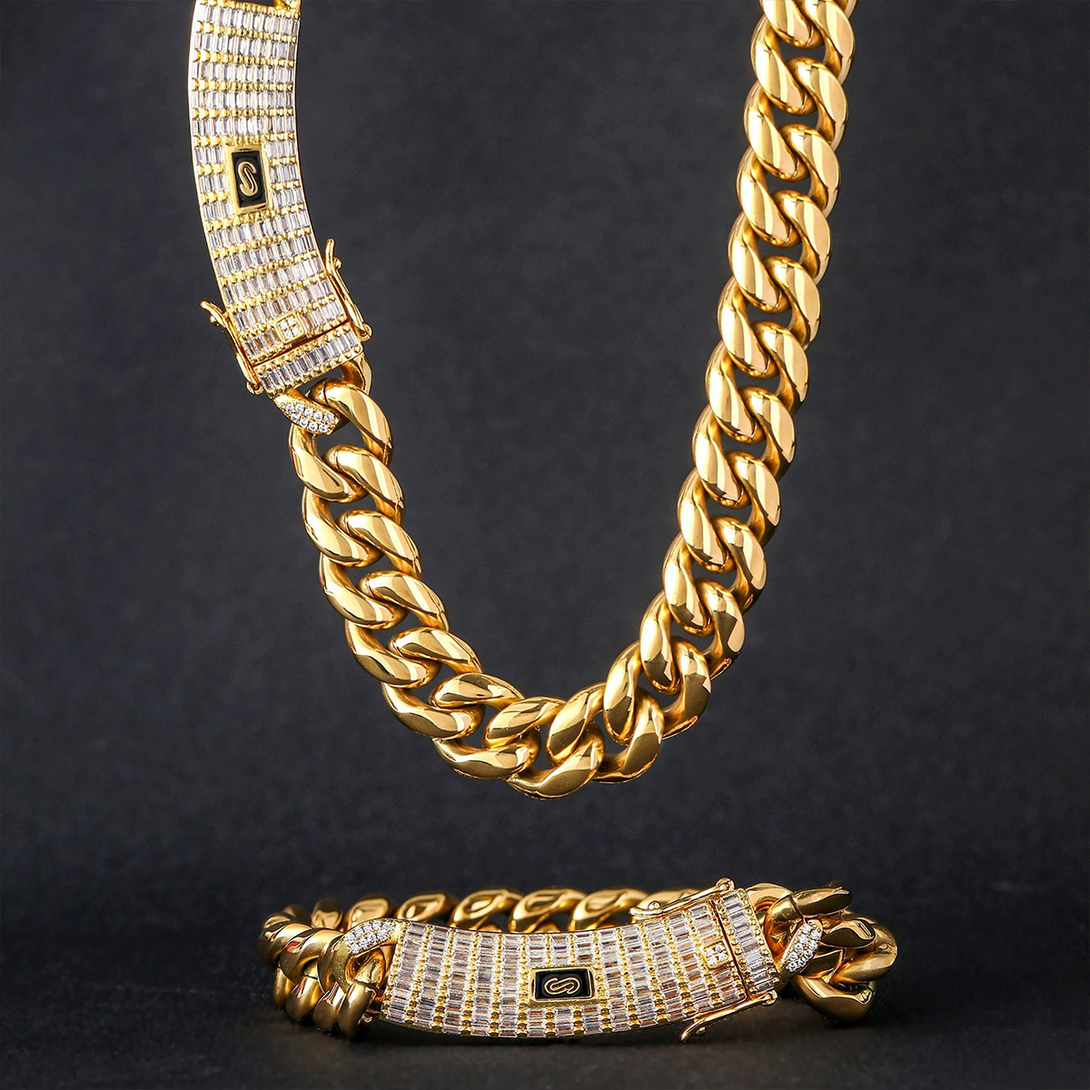 18K Gold Plated Classic Miami Cuban Chain Link And Bracelet