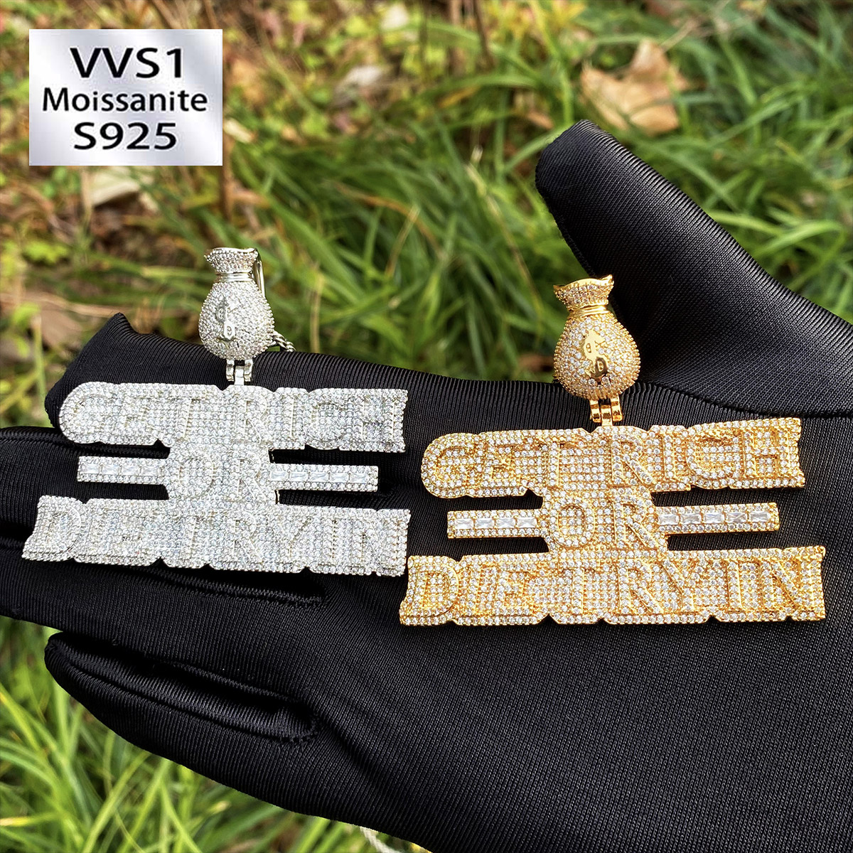 Iced Moissanite Letter ''Get Rich'' Diamond Pendant