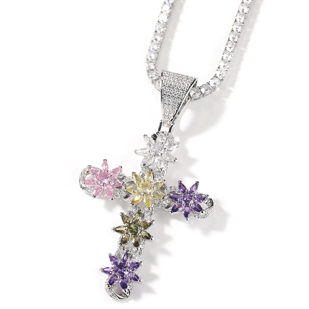 Rainbow Ice Cross Moissanite Pendant Chain Set